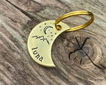 Load image into Gallery viewer, Moon cat tag, mini moon pet id tag with mountain and star design