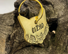 Load image into Gallery viewer, Cat head pet id tag, hand stamped with cute cat and leaves