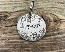 Load image into Gallery viewer, Spooky dog tag with cobwebs, spiders and pumpkins