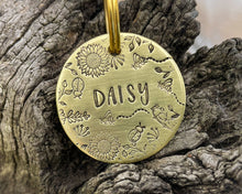 Load image into Gallery viewer, Flower dog tag, hand stamped pet id tag with cute flower and bee design