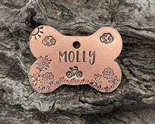 Load image into Gallery viewer, Bone dog tag with bike & flowers