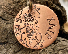 Load image into Gallery viewer, Sugar skull dog tag with leaf design