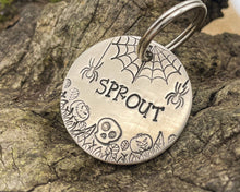 Load image into Gallery viewer, Spooky dog tag with cobwebs, spiders and pumpkins