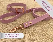 Load image into Gallery viewer, Deluxe mud-proof dog collar and leash set with rose gold fittings - choose your size & color