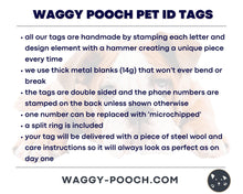 Load image into Gallery viewer, Small cute dog id tag with dino design, handstamped pet id tag with up to 2 phone numbers or microchipped