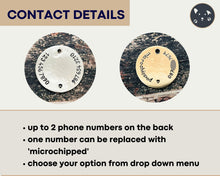 Load image into Gallery viewer, Small cute dog id tag with dino design, handstamped pet id tag with up to 2 phone numbers or microchipped