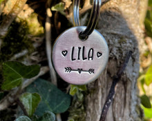 Load image into Gallery viewer, Cat name tag, hand stamped with hearts