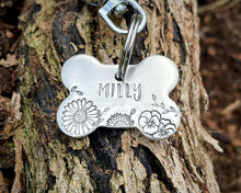 Load image into Gallery viewer, Bone dog id tag, handstamped with flowers