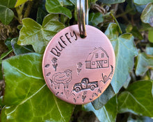 Load image into Gallery viewer, Dog id tag, hand stamped with sheep, pickup truck and barn shed