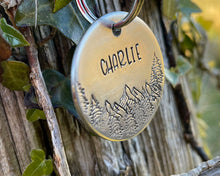 Load image into Gallery viewer, Dog name tag, hand stamped with mountains and trees