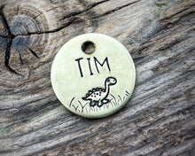 Load image into Gallery viewer, Cat name tag, hand stamped with cute dino