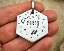 Load image into Gallery viewer, Hexagon dog tag, hand stamped with galaxy design, saturn, moon & stars