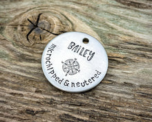 Load image into Gallery viewer, 'Microchipped' Dog id tag, hand stamped with compass & phone numbers