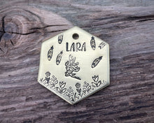Load image into Gallery viewer, Hexagon dog tag, hand stamped with fairy design, flowers and feathers