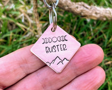 Load image into Gallery viewer, Small dog id tag, square pet tag hand stamped with moon phase design and mountains