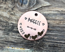 Load image into Gallery viewer, Dog id tag, hand stamped with phone number & hearts