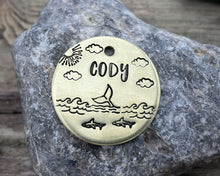 Load image into Gallery viewer, Dog id tag, hand stamped with ocean design, whale & sharks
