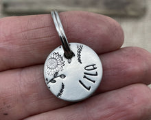 Load image into Gallery viewer, Cat name tag, hand stamped flower design & leaves