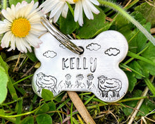 Load image into Gallery viewer, Bone dog id tag, handstamped with flowers and sheep