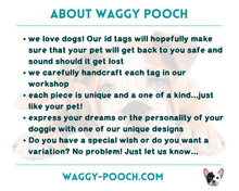 Load image into Gallery viewer, Square dog id tag, small pet tag hand stamped with howling wolf and trees