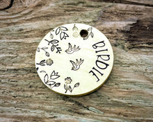 Load image into Gallery viewer, Small dog id tag, hand stamped with flower design & birds