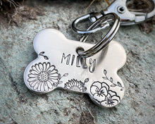 Load image into Gallery viewer, Bone dog id tag, handstamped with flowers