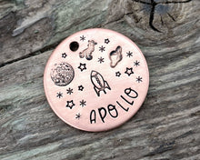 Load image into Gallery viewer, Dog name tag, hand stamped with moon, stars, planets & spaceship