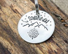 Load image into Gallery viewer, Dog id tag, hand stamped with compass, mountains & star design