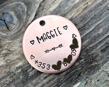 Load image into Gallery viewer, Dog id tag, hand stamped with phone number & hearts