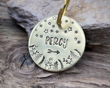 Load image into Gallery viewer, Dog id tag, hand stamped with leaves & stars