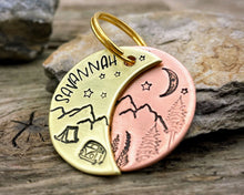 Load image into Gallery viewer, Moon dog tag, hand stamped with adventure design, moon, stars & trees