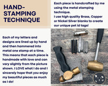 Load image into Gallery viewer, Small cute dog id tag with dino design, handstamped pet id tag with up to 2 phone numbers or microchipped