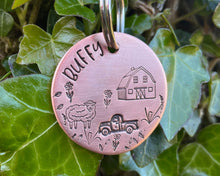 Load image into Gallery viewer, Dog id tag, hand stamped with sheep, pickup truck and barn shed