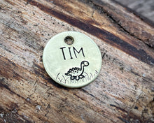Load image into Gallery viewer, Cat name tag, hand stamped with cute dino