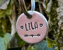 Load image into Gallery viewer, Cat name tag, hand stamped with hearts