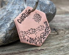 Load image into Gallery viewer, Hexagon dog tag, hand stamped with nautical design, compass & lighthouse