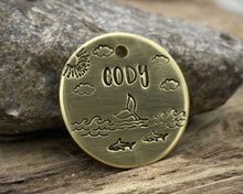 Load image into Gallery viewer, Dog id tag, hand stamped with ocean design, whale & sharks