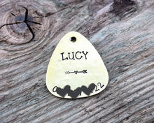 Load image into Gallery viewer, Guitar pick dog tag, hand stamped with 'it was the cat'