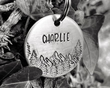 Load image into Gallery viewer, Dog name tag, hand stamped with mountains and trees