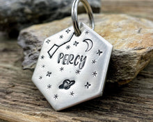 Load image into Gallery viewer, Hexagon dog tag, hand stamped with galaxy design, saturn, moon & stars