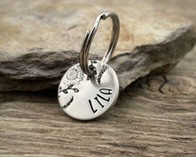 Load image into Gallery viewer, Cat name tag, hand stamped flower design & leaves