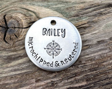 Load image into Gallery viewer, 'Microchipped' Dog id tag, hand stamped with compass & phone numbers