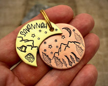 Load image into Gallery viewer, Moon dog tag, hand stamped with adventure design, moon, stars & trees