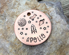 Load image into Gallery viewer, Dog name tag, hand stamped with moon, stars, planets & spaceship