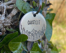 Load image into Gallery viewer, Dog name tag, hand stamped with mountains and trees