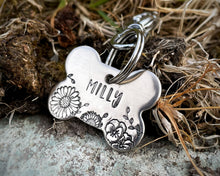 Load image into Gallery viewer, Bone dog id tag, handstamped with flowers