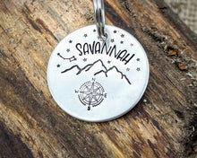 Load image into Gallery viewer, Dog id tag, hand stamped with compass, mountains & star design