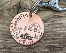 Load image into Gallery viewer, Dog id tag, hand stamped with sheep, pickup truck and barn shed