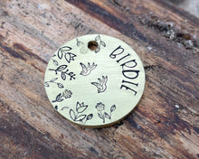 Load image into Gallery viewer, Small dog id tag, hand stamped with flower design & birds