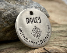 Load image into Gallery viewer, 'Microchipped' Dog id tag, hand stamped with compass & phone numbers